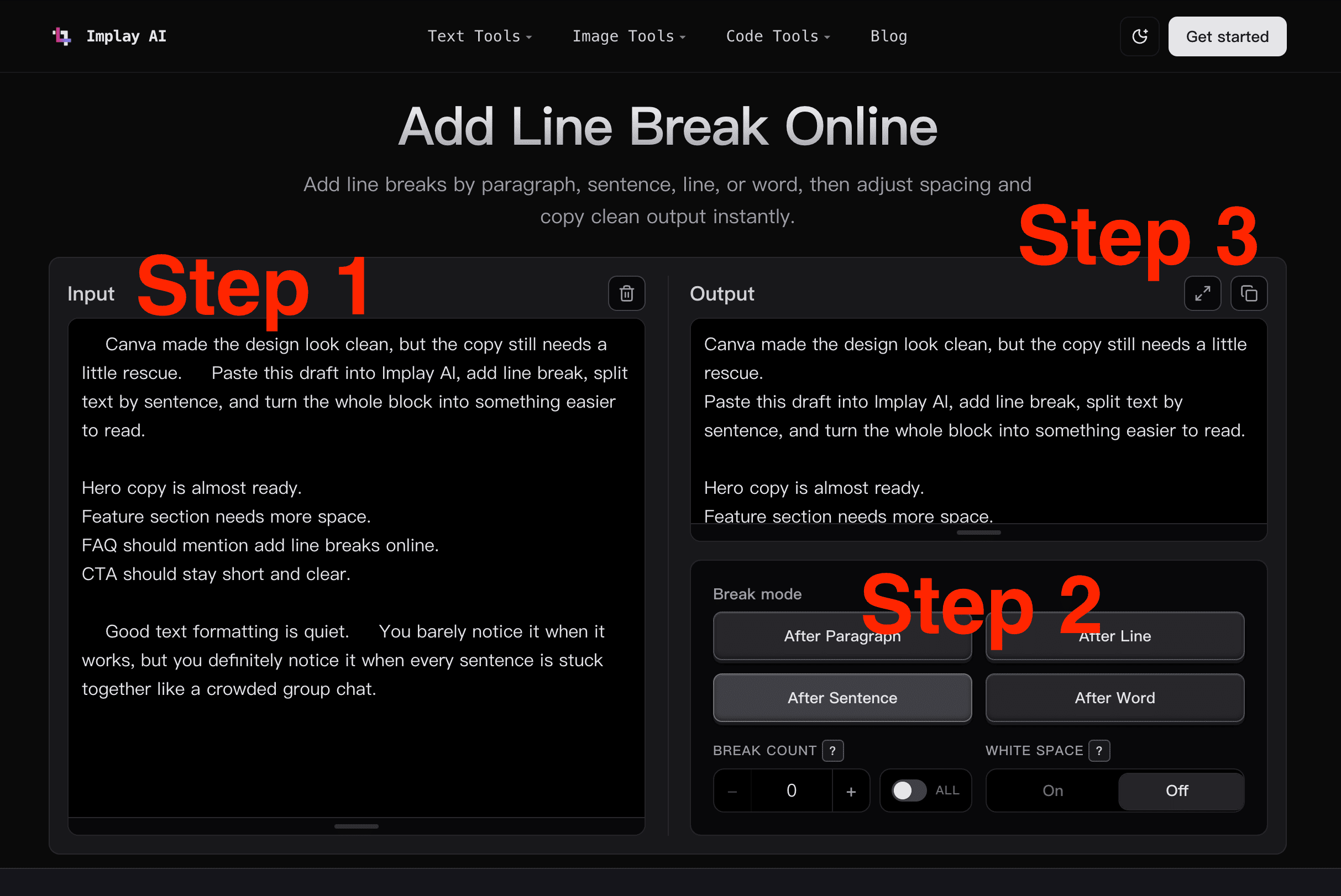 how to use Implay AI to add line breaks online