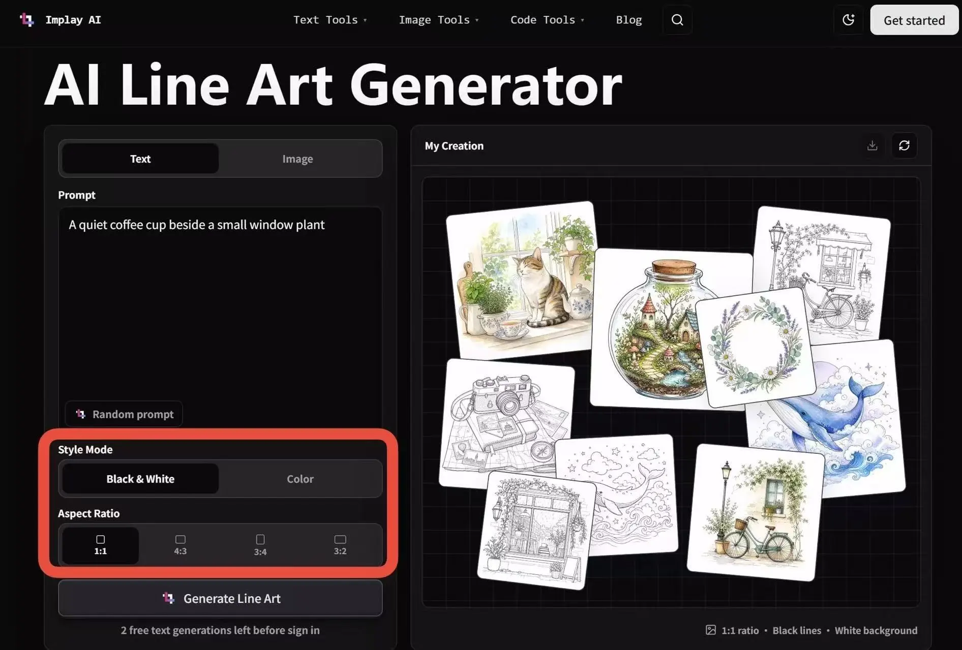 Choose color mode and size for AI line art
