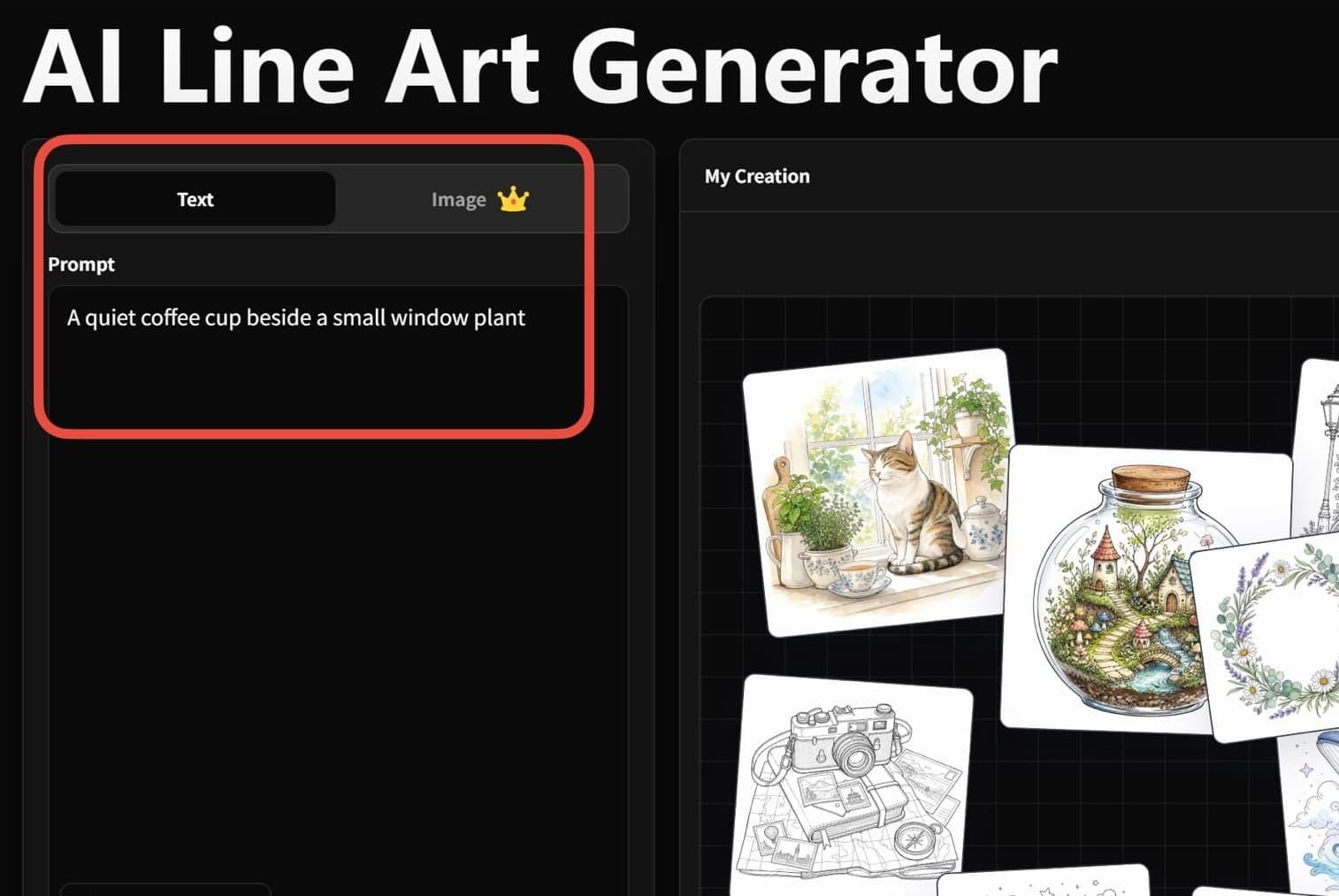 Choose text or image for AI line art generation
