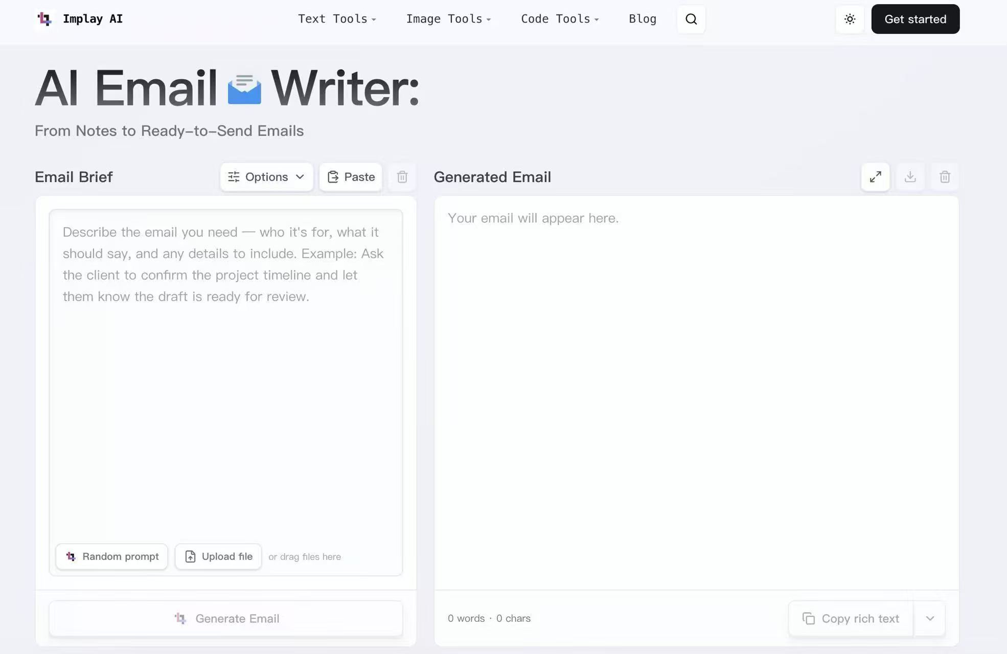The email generator page for Implay AI.