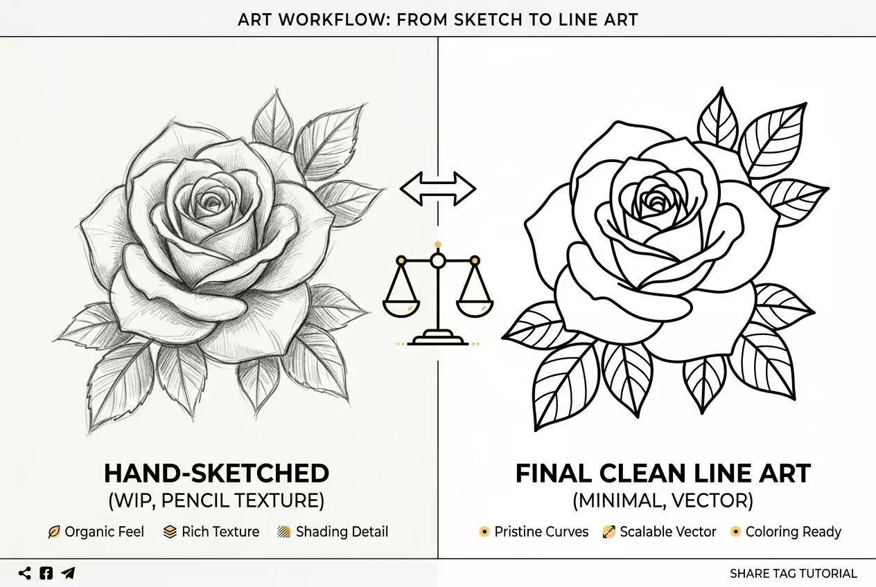 Sketch vs line art, a simple flower example demonstrating their output differences