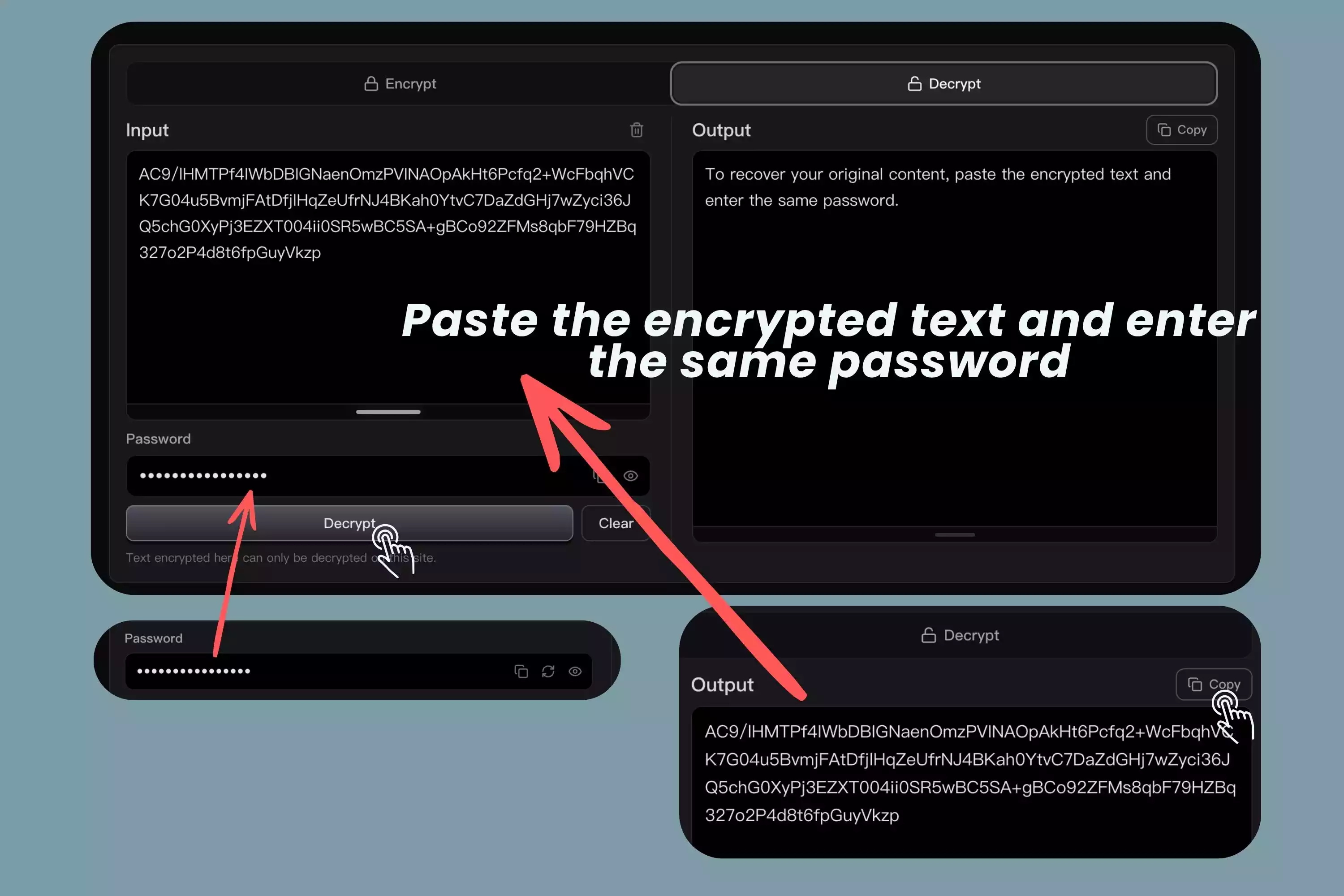 Decrypt encrypted text in the browser using the correct password