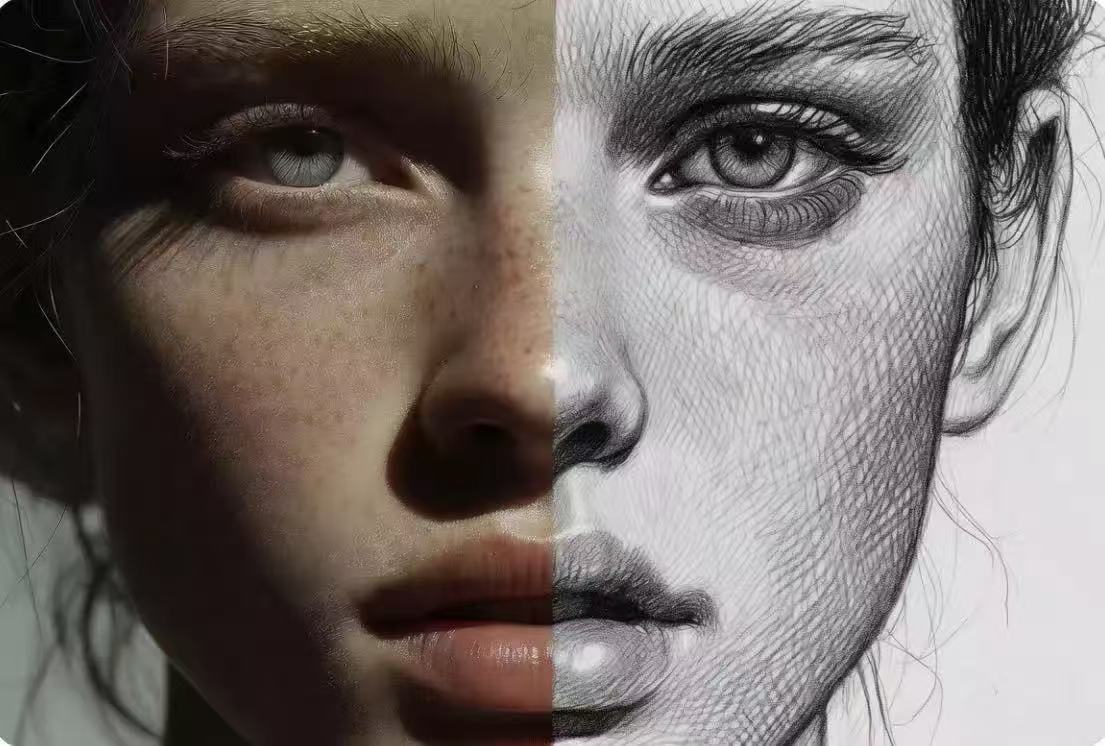 Portrait split between photo and detailed pencil sketch
