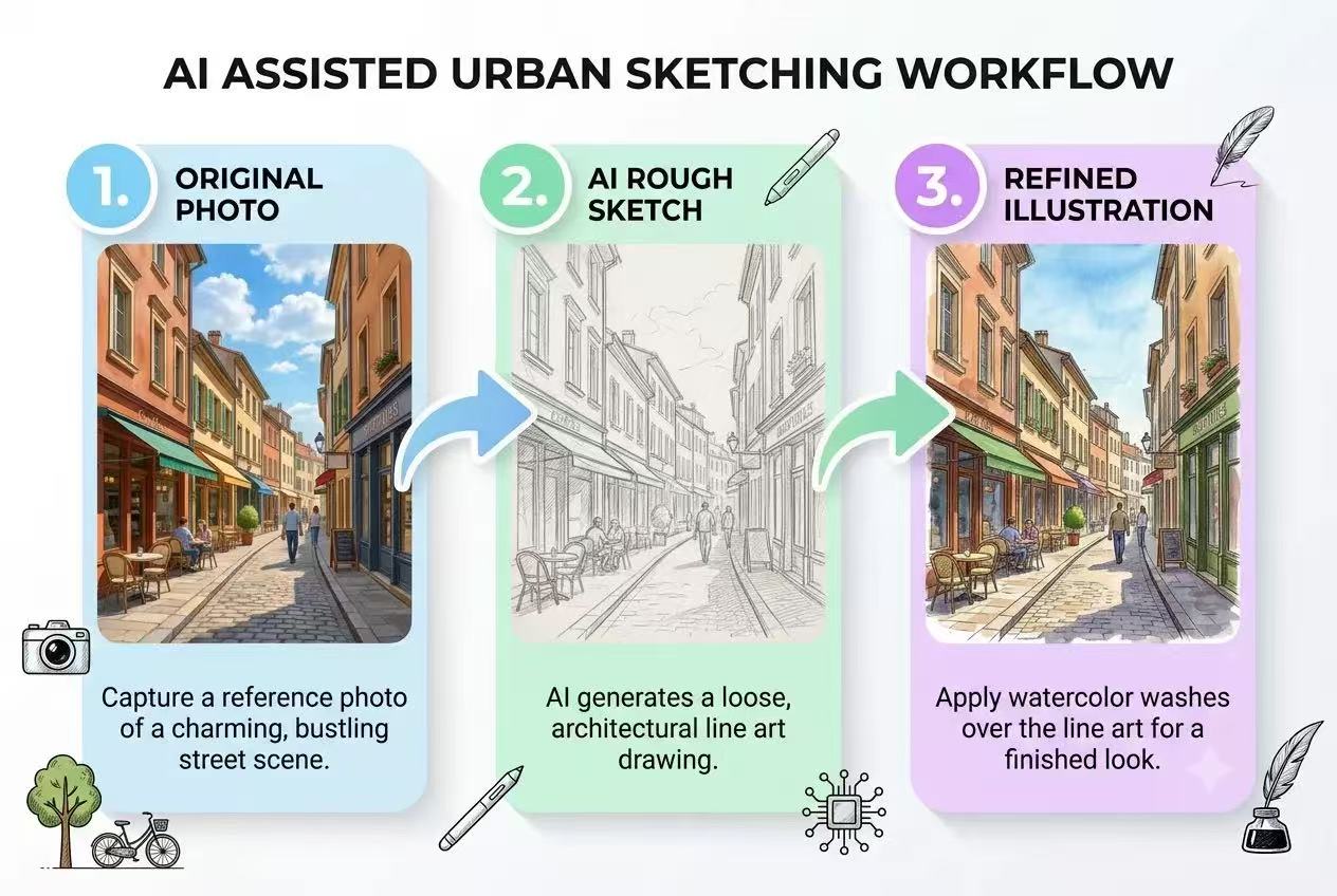 Urban photo transformed into a rough sketch and refined illustration