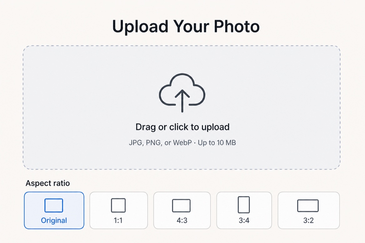 Image upload panel with original, square, landscape, and portrait output ratio options
