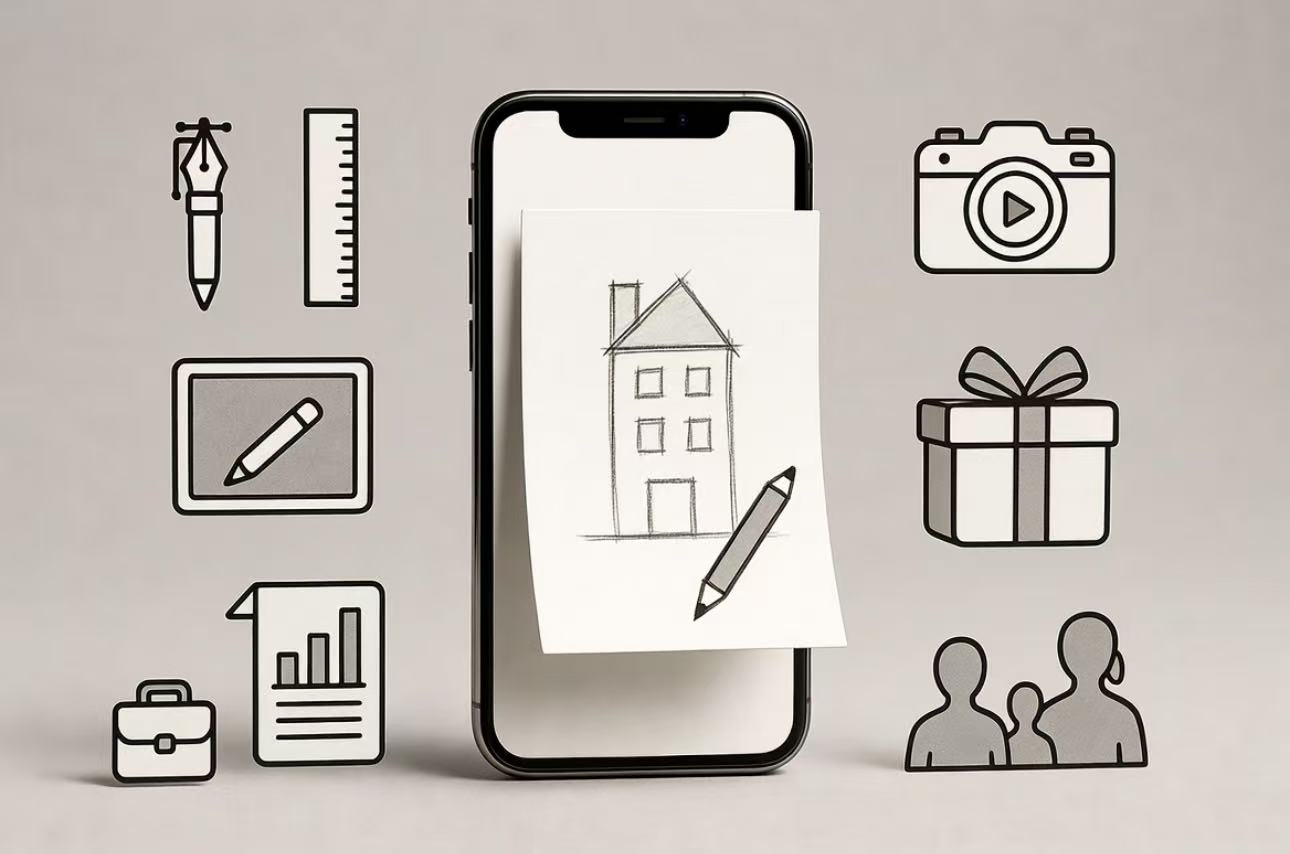 Phone surrounded by creative photo-to-sketch use cases