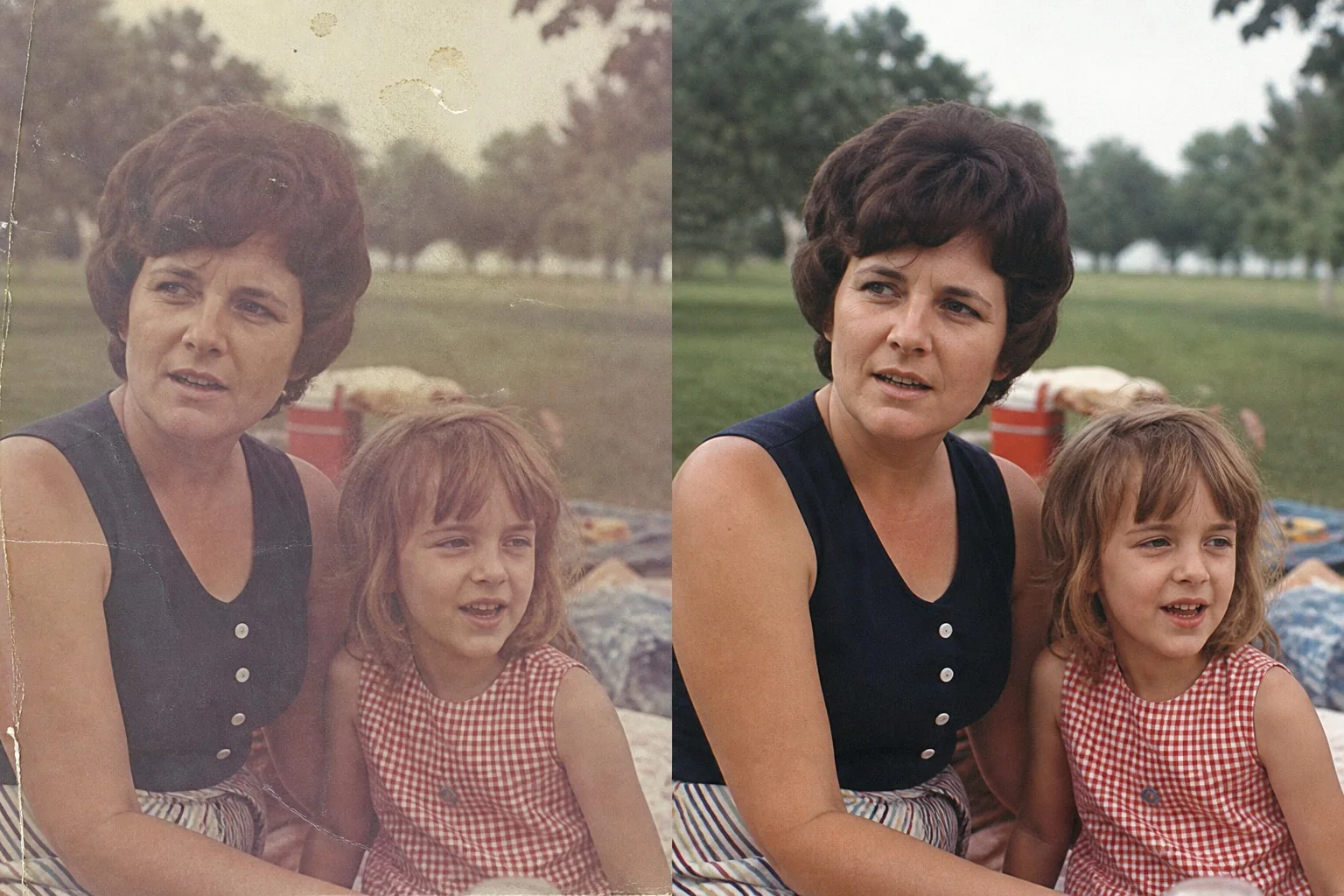 Before and after family old photo restoration comparison