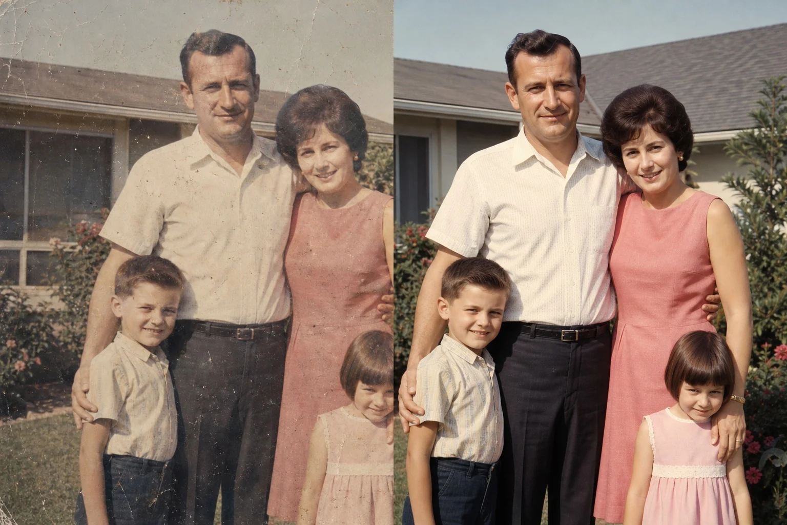 Before and after family picture restoration showing scratches and faded colors repaired