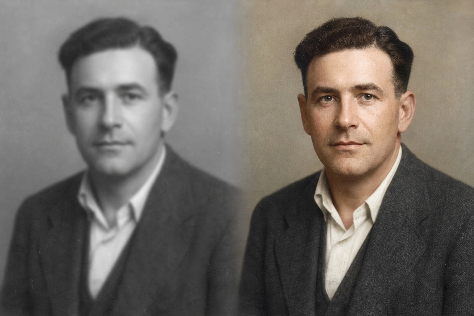 Black-and-white man's portrait restored with clearer facial detail and natural color