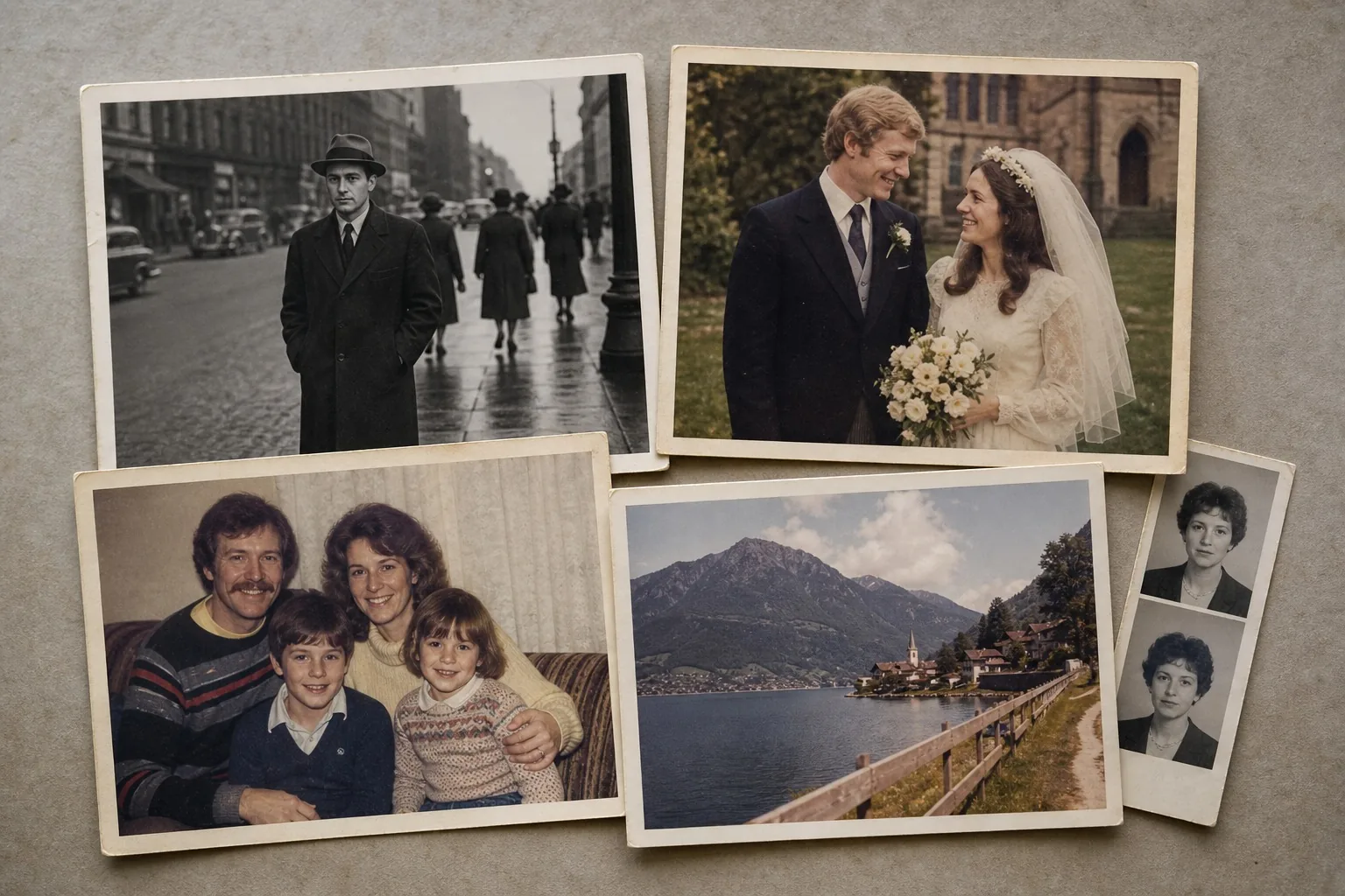 Collection of restored old photos including an archive portrait, wedding photo, family portrait, and travel landscape