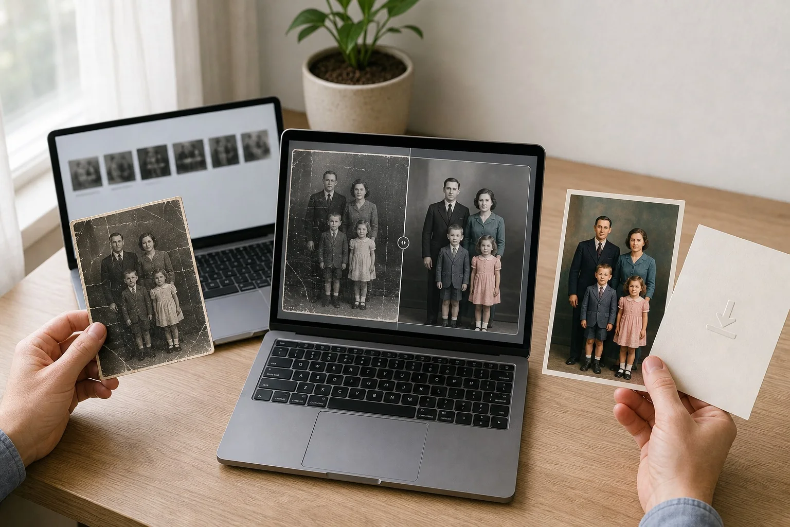 Old black-and-white family photo uploaded, restored, and downloaded in a simple three-step workflow