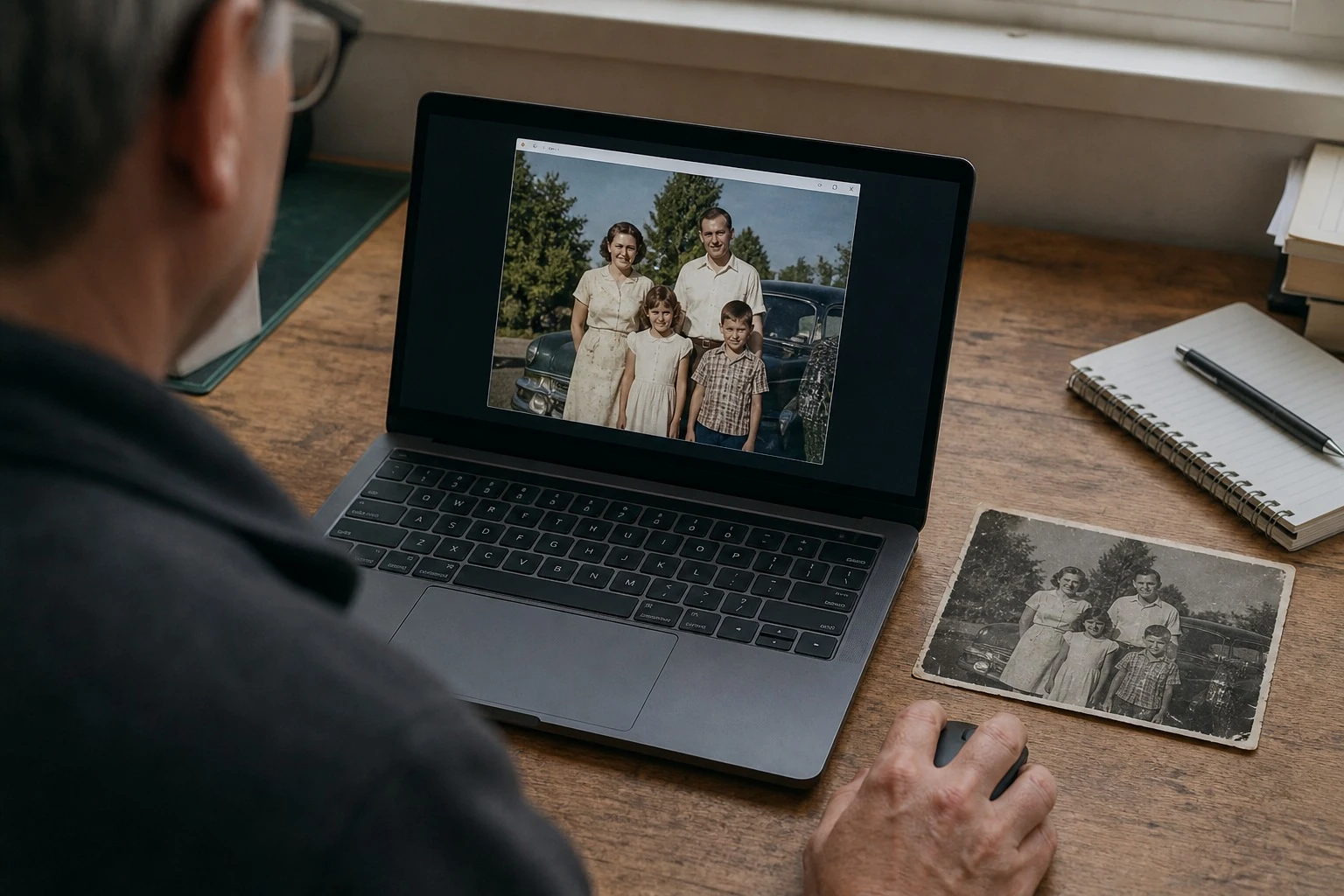 A person restores a black-and-white family photo on a laptop with a single mouse click