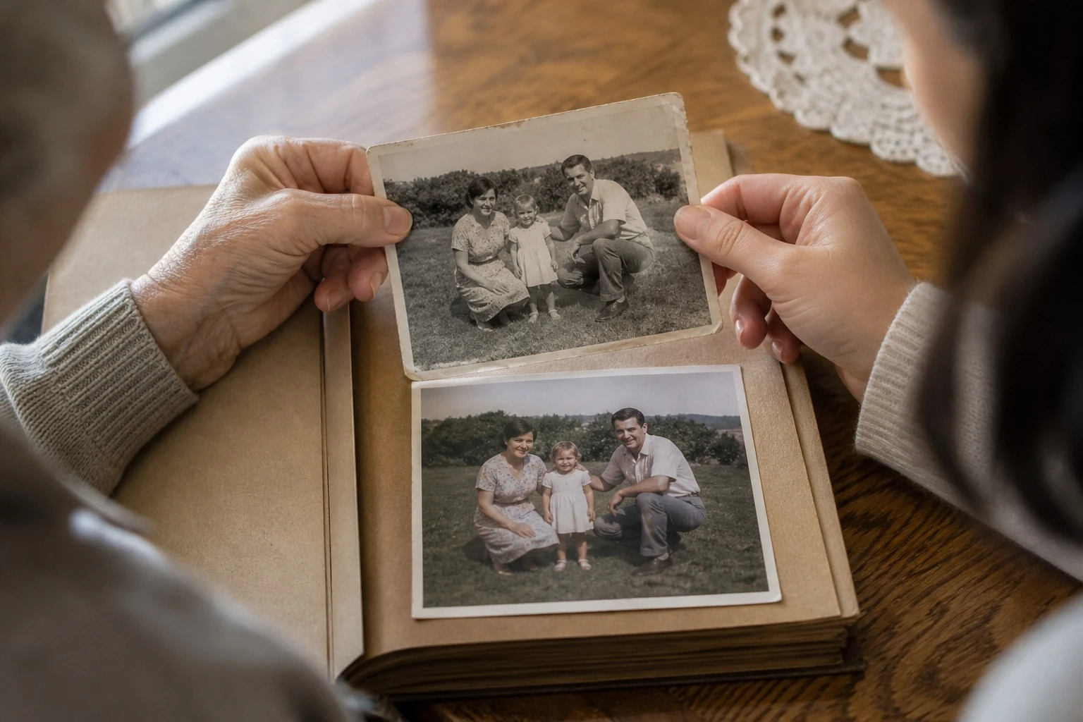 Two generations comparing a black-and-white family photograph with its naturally colourized restoration