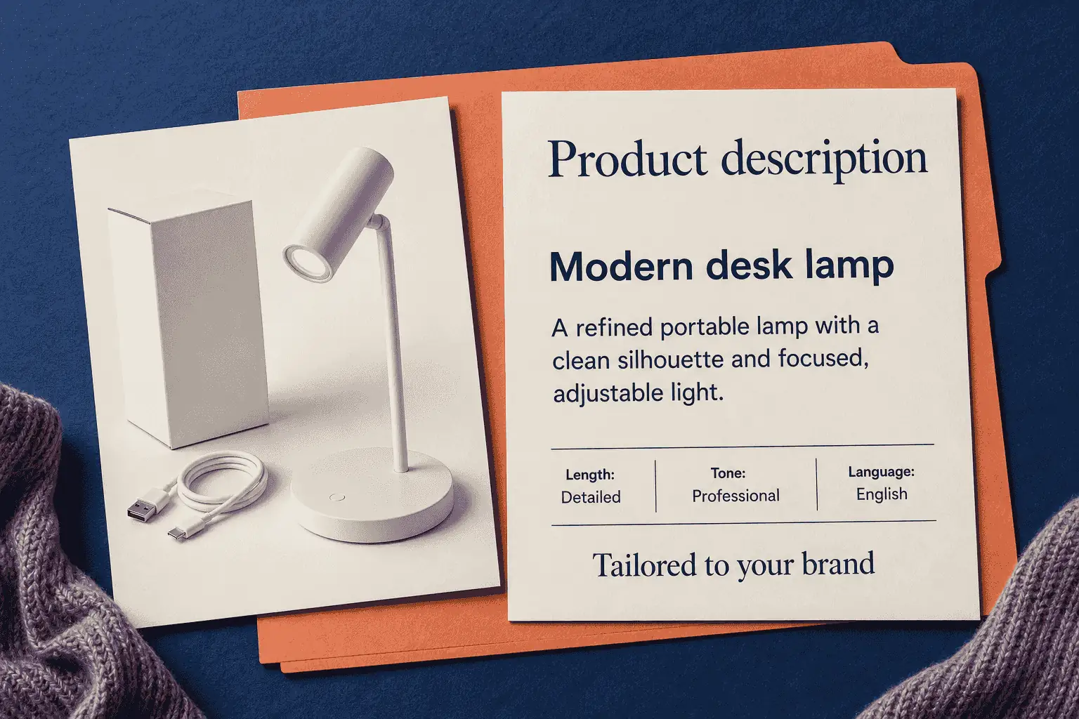 Product copy tailored through length, tone, and language controls.