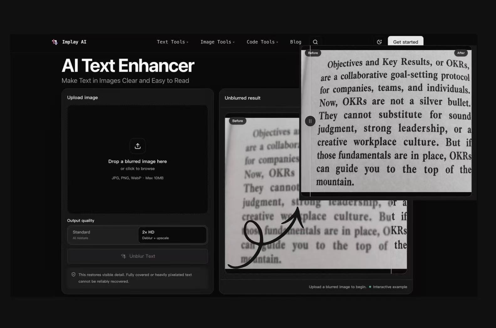 AI text enhancer sharpening blurred text in an image
