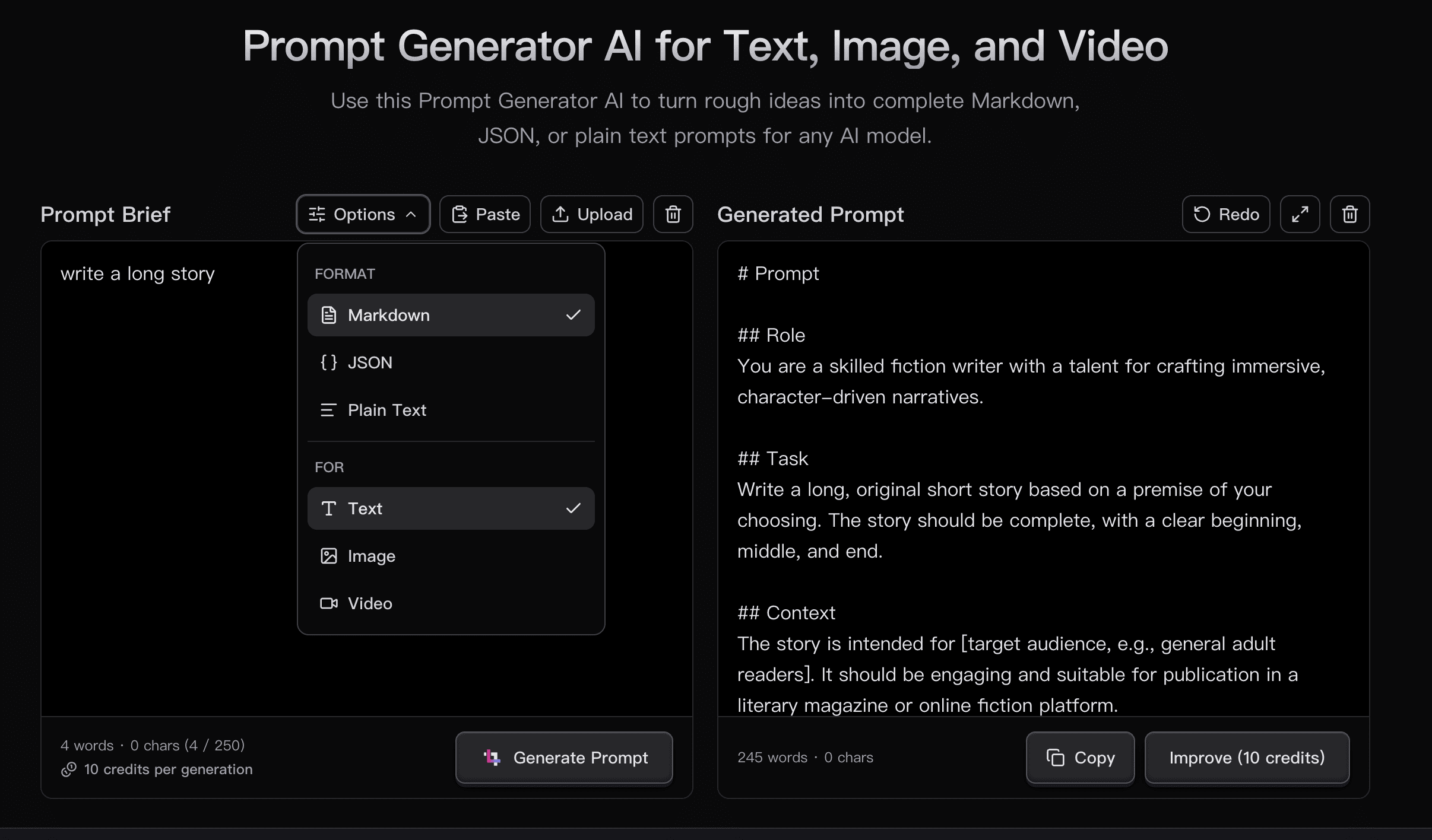 AI prompt generator producing a structured long-form writing prompt