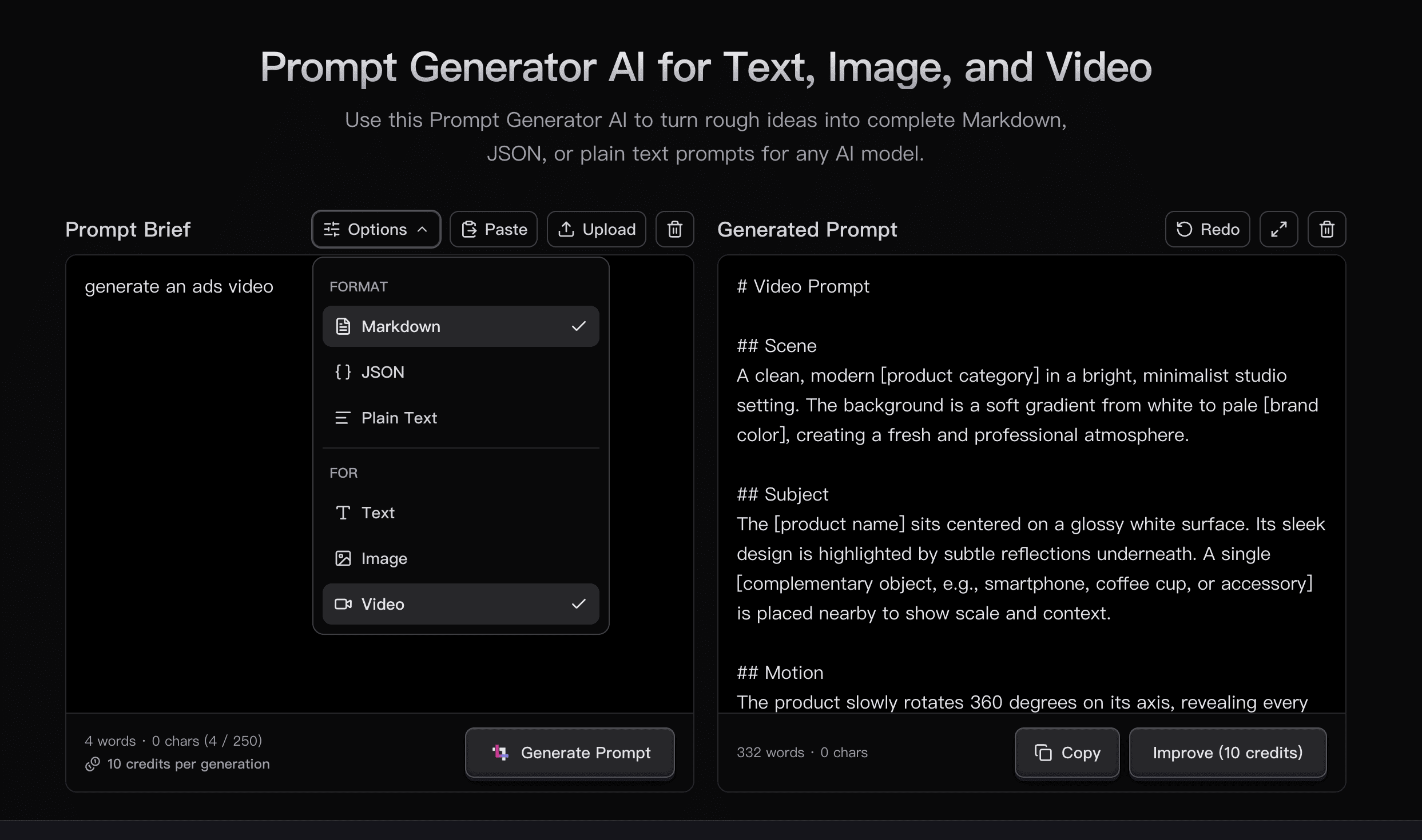 AI prompt generator outputting a structured scene-by-scene video script