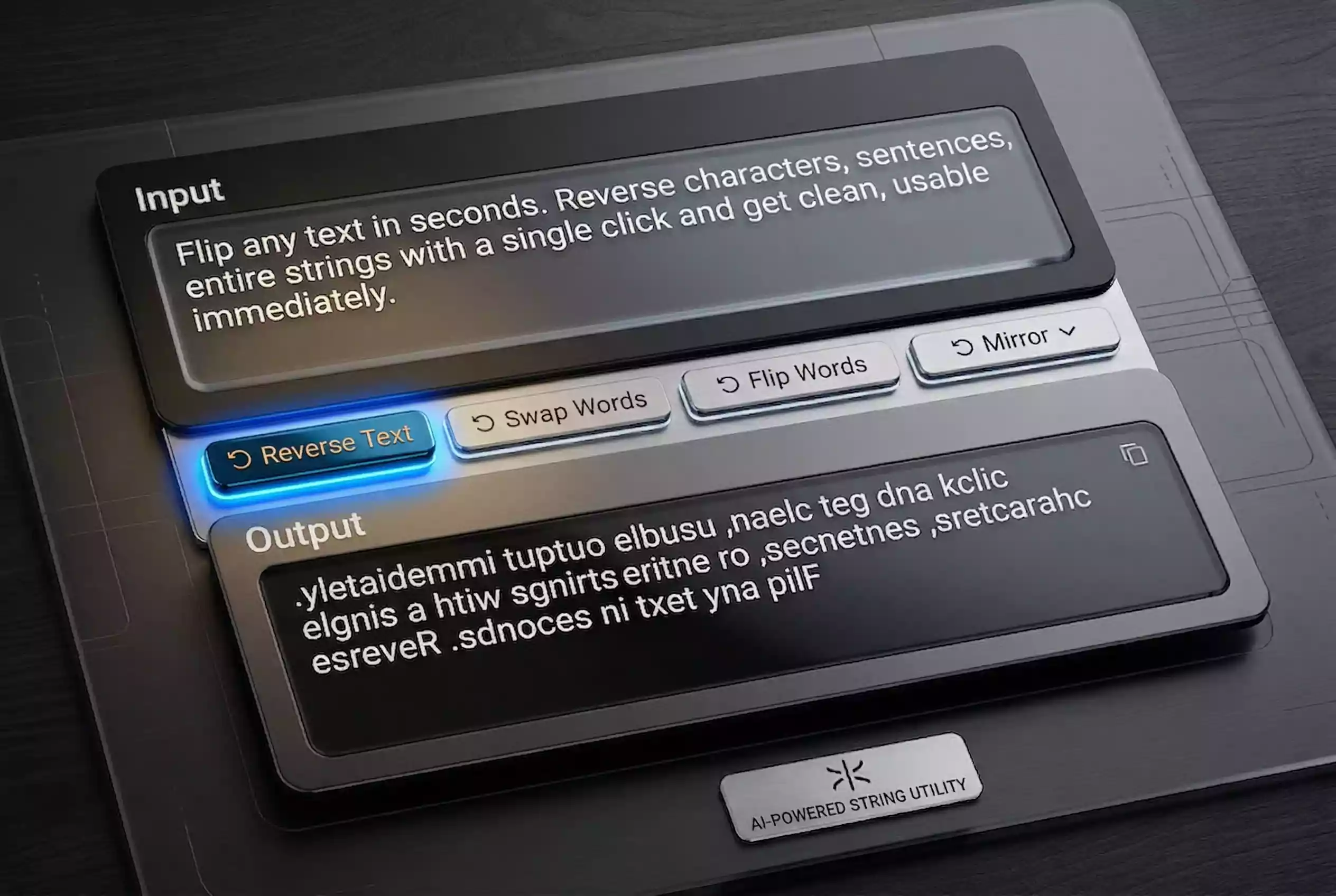 reverse text character by character backwards text output example